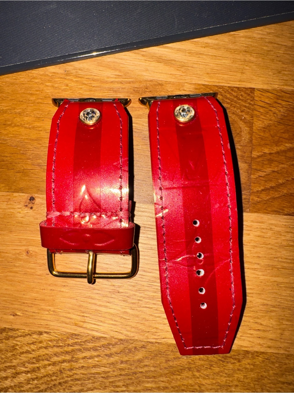 LV Red Leather Watch Strap with logo